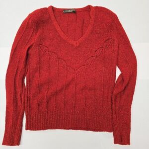 Vintage‎ CECILY Red Metallic Sparkle V Neck Long Sleeve Knit Sweater Top Small